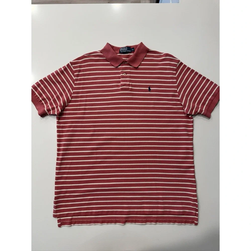 Polo Ralph Lauren Mens XL Red White Striped Cotton Golf Polo Shirt RN 41381
